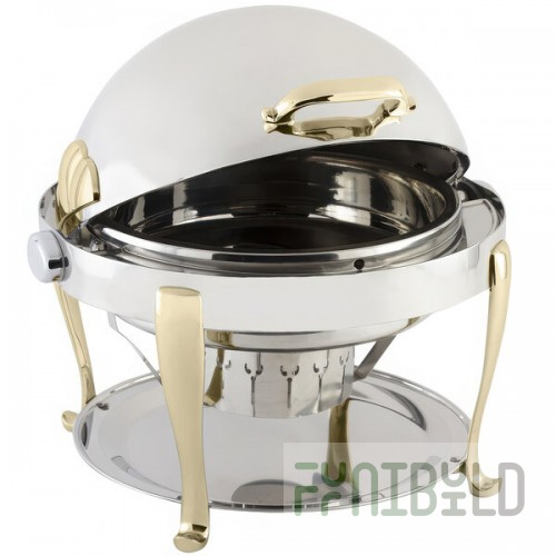 Bon Chef 19000 Elite Round 8 Qt. Dripless Round Stainless Steel with Brass Accents Roll Top Chafer with Roman Legs