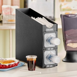 KleanTake by ServSense Black Countertop Slim Cup Dispenser Cabinet with Top Lid / Straw Organizer - 2 Slot KleanTake by ServSense Black Countertop Slim Cup Dispenser Cabinet with Top Lid / Straw Organizer - 2 Slot