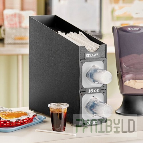 KleanTake by ServSense Black Countertop Slim Cup Dispenser Cabinet with Top Lid / Straw Organizer - 2 Slot