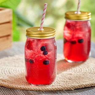 Acopa Rustic Charm 16 oz. Drinking Jar with Gold Metal Lid with Straw Hole - 12/Case