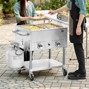 Backyard Pro Two Pan Open Well Mobile Liquid Propane Outdoor Steam Table with Undershelf - 7,000 BTU