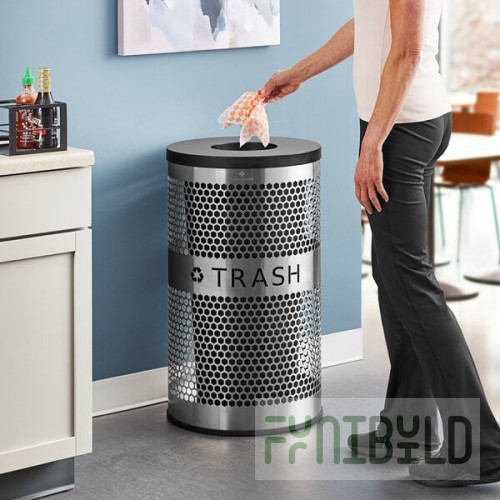 Lancaster Table & Seating 20 Gallon Stainless Steel Round Perforated Trash Can with Open Top Lid