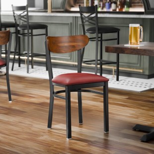 Lancaster Table & Seating Boomerang Black Finish Chair with Burgundy Vinyl Seat and Vintage Wood Back Lancaster Table & Seating Boomerang Black Finish Chair with Burgundy Vinyl Seat and Vintage Wood Back