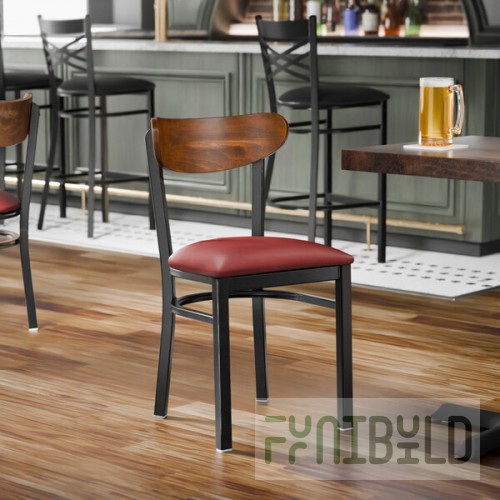 Lancaster Table & Seating Boomerang Black Finish Chair with Burgundy Vinyl Seat and Vintage Wood Back