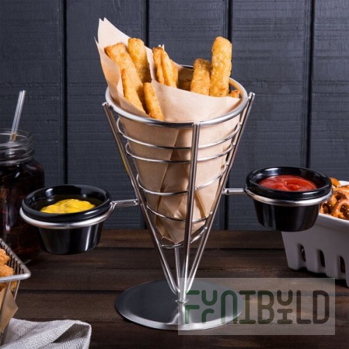 American Metalcraft SS92 Stainless Steel 1-Cone Basket with 2 Ramekins - 5