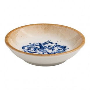 Ariane Cruise Amalfi 2.03 oz. Round White Porcelain Ramekin with Blue Floral Center and Tan Rim - 18/Case Ariane Cruise Amalfi 2.03 oz. Round White Porcelain Ramekin with Blue Floral Center and Tan Rim - 18/Case
