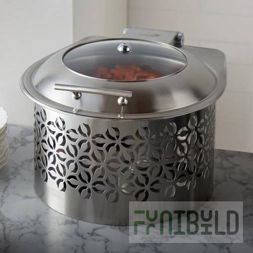 Rosseto SM288 Iris 6.3 Qt. Round Brushed Stainless Steel Chafer Warmer with Lid