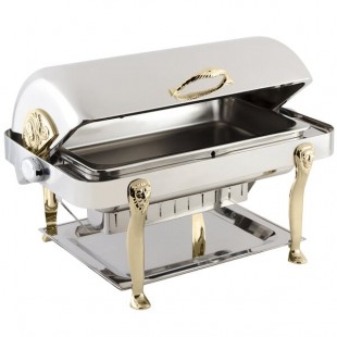Bon Chef 18040G Elite Rectangle 8 Qt. Dripless Stainless Steel with Gold Plated Accents Roll Top Chafer with Lion Legs Bon Chef 18040G Elite Rectangle 8 Qt. Dripless Stainless Steel with Gold Plated Accents Roll Top Chafer with Lion Legs