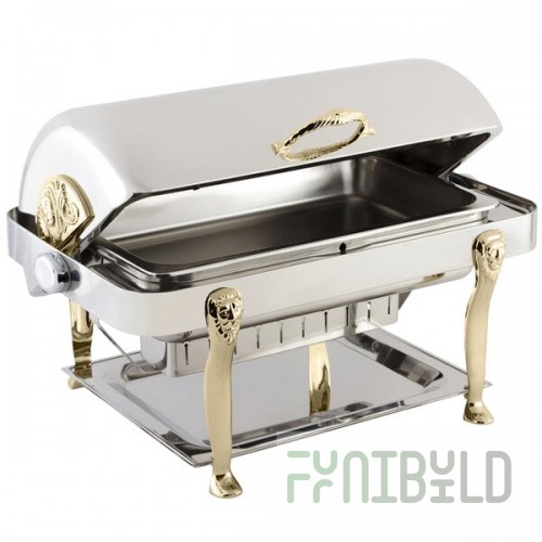 Bon Chef 18040G Elite Rectangle 8 Qt. Dripless Stainless Steel with Gold Plated Accents Roll Top Chafer with Lion Legs