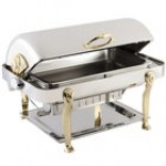 Bon Chef 18040G Elite Rectangle 8 Qt. Dripless Stainless Steel with Gold Plated Accents Roll Top Chafer with Lion Legs Bon Chef 18040G Elite Rectangle 8 Qt. Dripless Stainless Steel with Gold Plated Accents Roll Top Chafer with Lion Legs