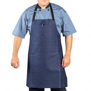 Uncommon Chef 3108 Indigo Customizable 100% Cotton Denim Radical Bib Apron with Black Webbing and 3 Pockets - 34