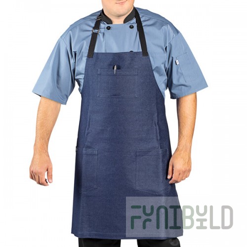 Uncommon Chef 3108 Indigo Customizable 100% Cotton Denim Radical Bib Apron with Black Webbing and 3 Pockets - 34