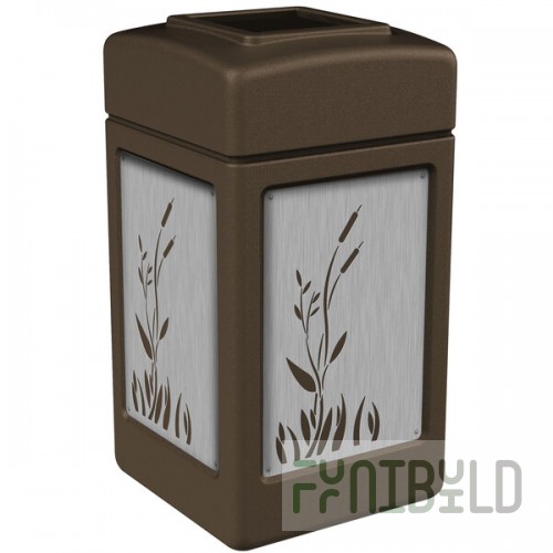 Commercial Zone 733962 42 Gallon Brown Square Trash Can with Stainless Steel Cattail Panels