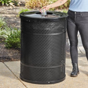 Lancaster Table & Seating 55 Gallon Heavy-Duty Round Black Steel Perforated Outdoor Trash Can with Flat Lid Lancaster Table & Seating 55 Gallon Heavy-Duty Round Black Steel Perforated Outdoor Trash Can with Flat Lid