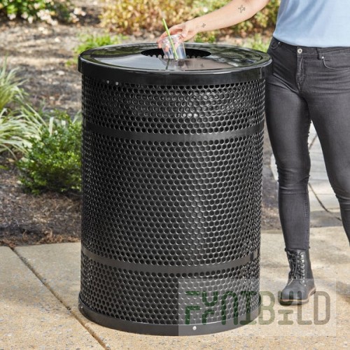 Lancaster Table & Seating 55 Gallon Heavy-Duty Round Black Steel Perforated Outdoor Trash Can with Flat Lid