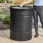 Lancaster Table & Seating 55 Gallon Heavy-Duty Round Black Steel Perforated Outdoor Trash Can with Flat Lid