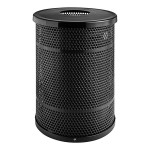 Lancaster Table & Seating 55 Gallon Heavy-Duty Round Black Steel Perforated Outdoor Trash Can with Flat Lid
