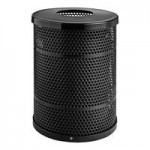 Lancaster Table & Seating 55 Gallon Heavy-Duty Round Black Steel Perforated Outdoor Trash Can with Flat Lid