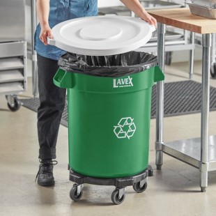 Lavex 20 Gallon Green Round Commercial Recycling Can with White Lid and Dolly