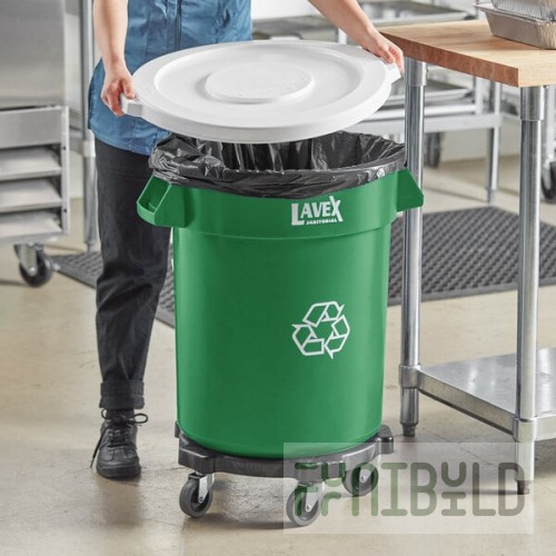 Lavex 20 Gallon Green Round Commercial Recycling Can with White Lid and Dolly