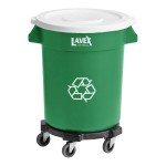 Lavex 20 Gallon Green Round Commercial Recycling Can with White Lid and Dolly