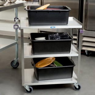 Lakeside 311A Standard-Duty Stainless Steel 3 Shelf Utility Cart with Purple Handle and Leg Bumpers - 16 1/4