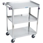 Lakeside 311A Standard-Duty Stainless Steel 3 Shelf Utility Cart with Purple Handle and Leg Bumpers - 16 1/4 Lakeside 311A Standard-Duty Stainless Steel 3 Shelf Utility Cart with Purple Handle and Leg Bumpers - 16 1/4