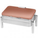 Eastern Tabletop 3975RZ Jazz Swing 8 Qt. Bronze Coated Stainless Steel Rectangular Chafer with Pillar'd Stand and Hinged Dome Cover