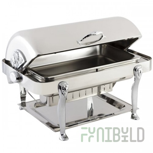 Bon Chef 18040CH Elite Rectangle 8 Qt. Dripless Stainless Steel with Chrome Accents Roll Top Chafer with Lion Legs