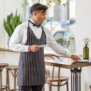 Choice Black and White Chalk Stripe Poly-Cotton Adjustable Tuxedo Apron with 2 Pockets - 32