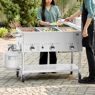 Backyard Pro Three Pan Open Well Mobile Liquid Propane Outdoor Steam Table with Undershelf - 10,500 BTU