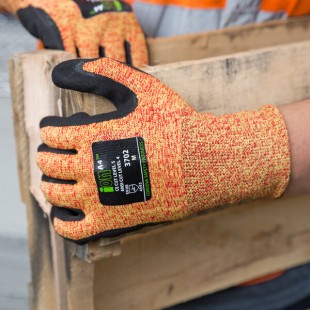 Cordova iON A4 Mandarin Orange HPPE / Glass Fiber / Synthetic Fiber Cut Resistant Food-Safe Gloves with Black Sandy Nitrile Palm Coating - Large - Pair