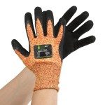 Cordova iON A4 Mandarin Orange HPPE / Glass Fiber / Synthetic Fiber Cut Resistant Food-Safe Gloves with Black Sandy Nitrile Palm Coating - Large - Pair