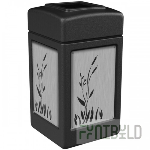 Commercial Zone 733961 42 Gallon Black Square Trash Can with Stainless Steel Cattail Panels