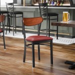 Lancaster Table & Seating Boomerang Black Finish Chair with Burgundy Vinyl Seat and Antique Walnut Wood Back - Unassembled Lancaster Table & Seating Boomerang Black Finish Chair with Burgundy Vinyl Seat and Antique Walnut Wood Back - Unassembled