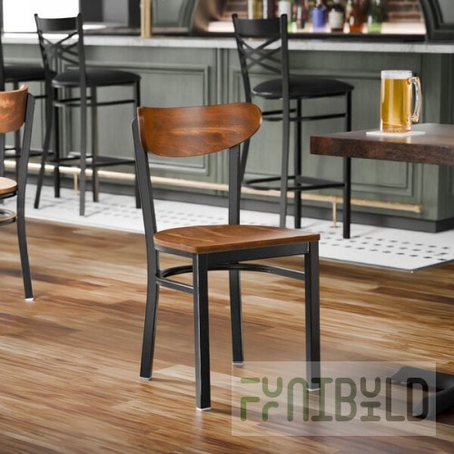 Lancaster Table & Seating Boomerang Black Finish Chair with Vintage Wood Seat and Back - Unassembled
