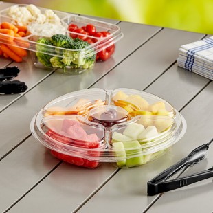Inline Plastics Essentials 42 oz. Clear PET Plastic 5-Compartment Round Platter with Lid - 100/Case