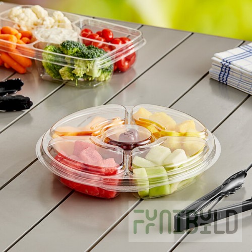 Inline Plastics Essentials 42 oz. Clear PET Plastic 5-Compartment Round Platter with Lid - 100/Case