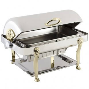 Bon Chef 18040 Elite Rectangle 8 Qt. Dripless Stainless Steel with Brass Accents Roll Top Chafer with Lion Legs Bon Chef 18040 Elite Rectangle 8 Qt. Dripless Stainless Steel with Brass Accents Roll Top Chafer with Lion Legs