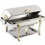 Bon Chef 18040 Elite Rectangle 8 Qt. Dripless Stainless Steel with Brass Accents Roll Top Chafer with Lion Legs Bon Chef 18040 Elite Rectangle 8 Qt. Dripless Stainless Steel with Brass Accents Roll Top Chafer with Lion Legs
