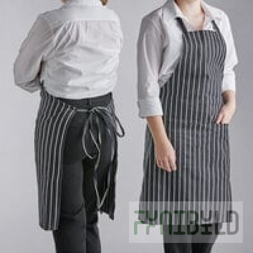 Choice Black and White Chalk Stripe Poly-Cotton Adjustable Bib Apron with 2 Pockets - 32