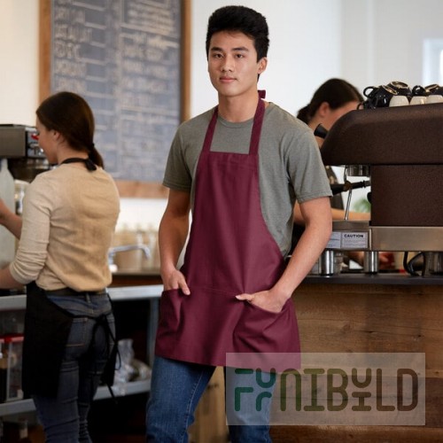 Choice Burgundy Poly-Cotton Front of House Bib Apron with 3 Pockets - 25
