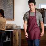 Choice Burgundy Poly-Cotton Front of House Bib Apron with 3 Pockets - 25