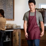 Choice Burgundy Poly-Cotton Front of House Bib Apron with 3 Pockets - 25