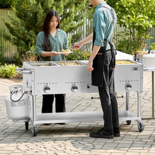 Backyard Pro Four Pan Open Well Mobile Liquid Propane Outdoor Steam Table with Undershelf - 14000 BTU Backyard Pro Four Pan Open Well Mobile Liquid Propane Outdoor Steam Table with Undershelf - 14000 BTU
