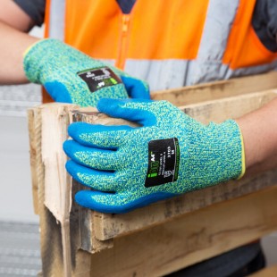 Cordova iON A4 Aqua HPPE / Glass Fiber Cut Resistant Food-Safe Gloves with Blue Crinkle Latex Palm Coating - Large