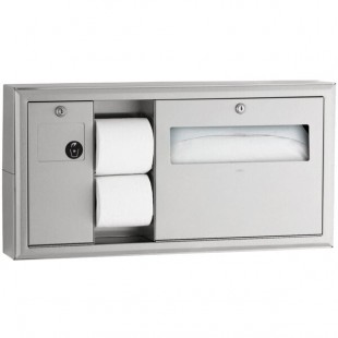Bobrick B-30919 ClassicSeries Horizontal Surface Mounted Toilet Seat-Cover and Toilet Tissue Dispenser with Sanitary Napkin Disposal - Left Bobrick B-30919 ClassicSeries Horizontal Surface Mounted Toilet Seat-Cover and Toilet Tissue Dispenser with Sanitary Napkin Disposal - Left