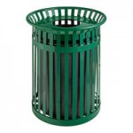 Lancaster Table & Seating 55 Gallon Heavy-Duty Round Black Steel Perforated Outdoor Trash Can with Plastic Dome Lid