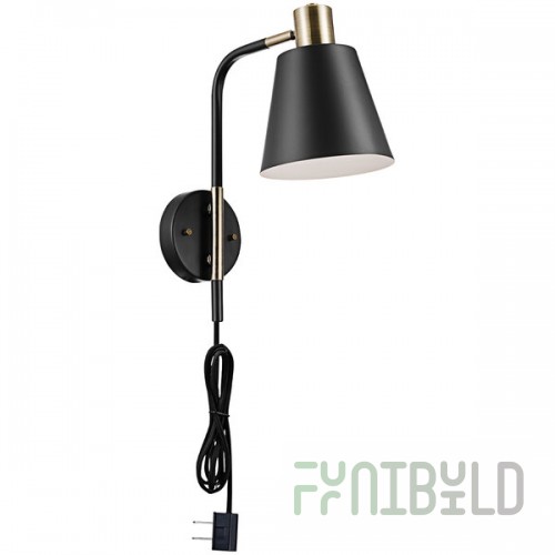 Globe Mid-Century Modern Matte Black / Antique Brass Plug-In or Hardwire Wall Sconce - 120V, 60W