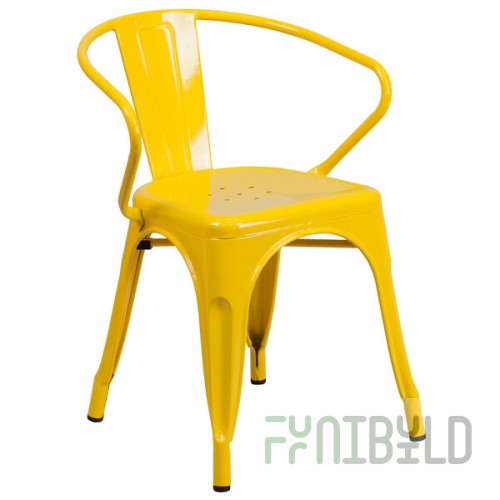 Flash Furniture CH-31270-YL-GG Yellow Stackable Galvanized Steel Chair with Arms, Vertical Slat Back, and Drain Hole Seat